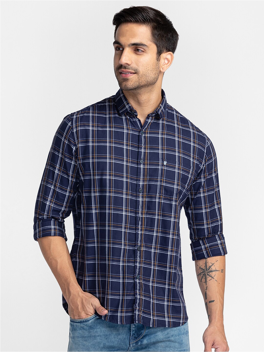 

Oxemberg Men Cotton Classic Slim Fit Checked Casual Shirt, Navy blue