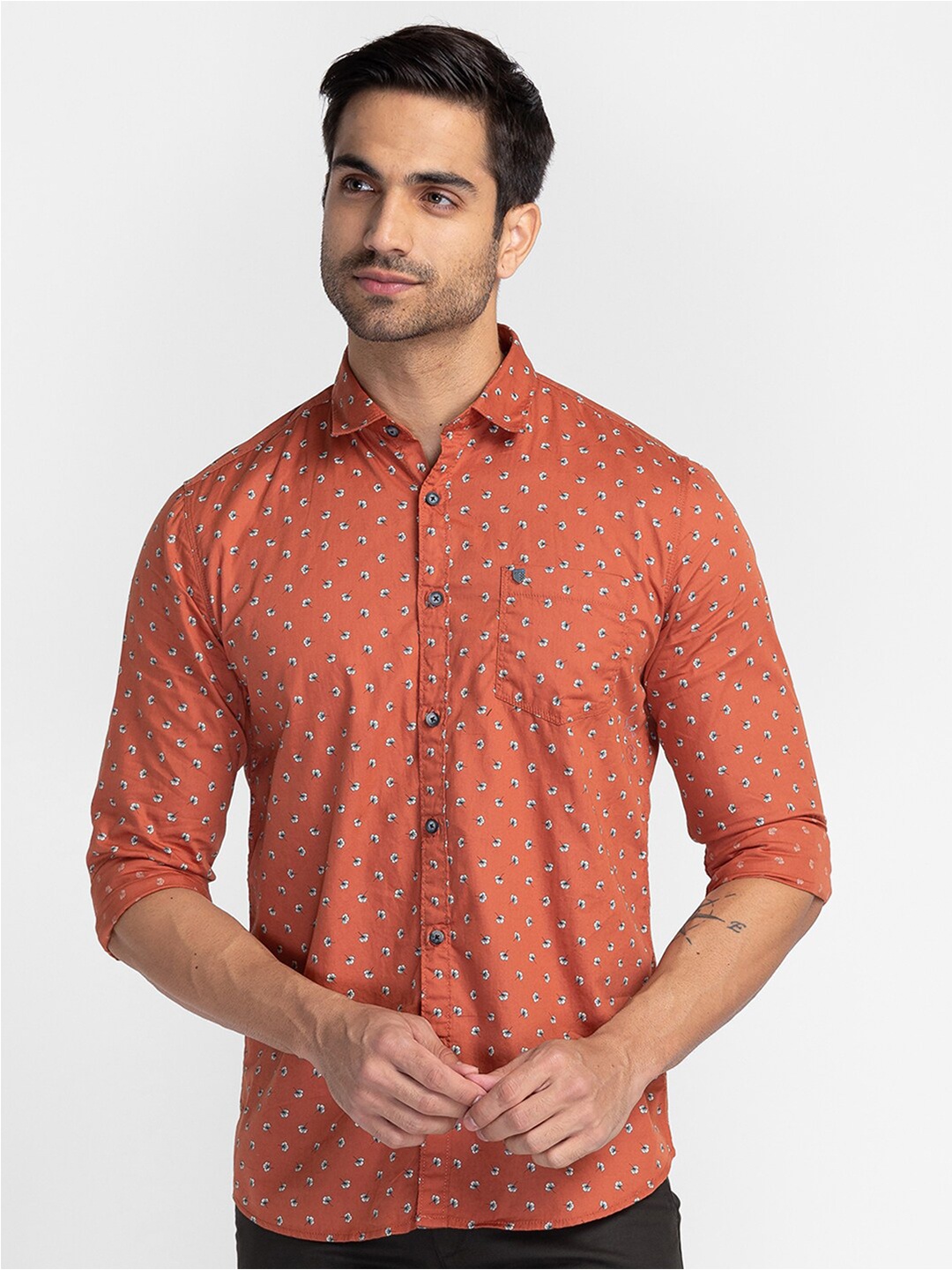 

Oxemberg Men Rust Cotton Classic Slim Fit Floral Printed Casual Shirt