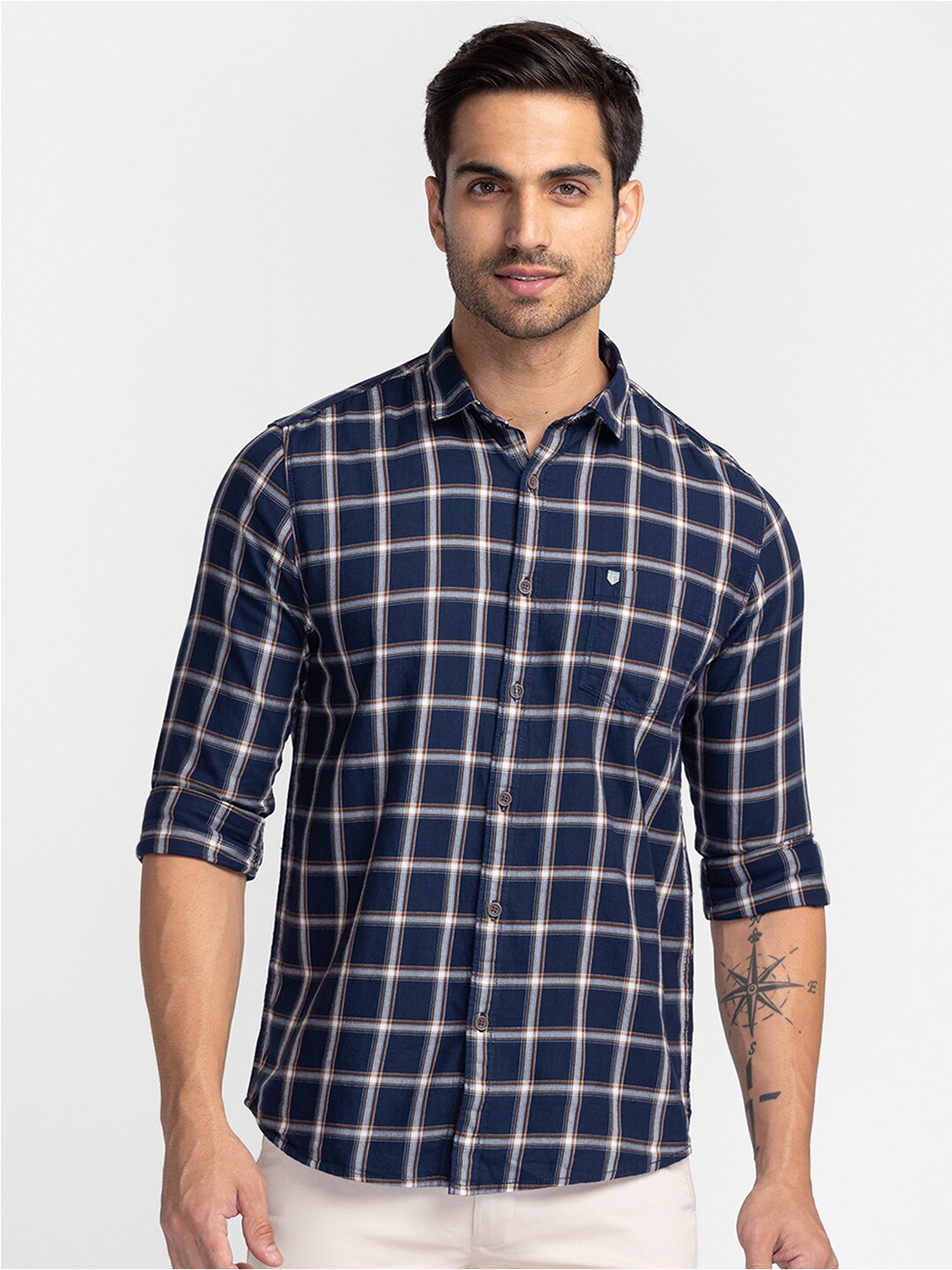 

Oxemberg Men Cotton Classic Slim Fit Checked Casual Shirt, Navy blue