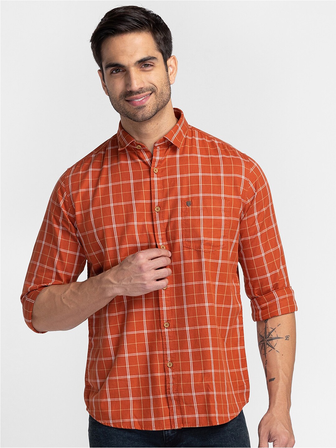 

Oxemberg Men Cotton Classic Slim Fit Checked Casual Shirt, Rust