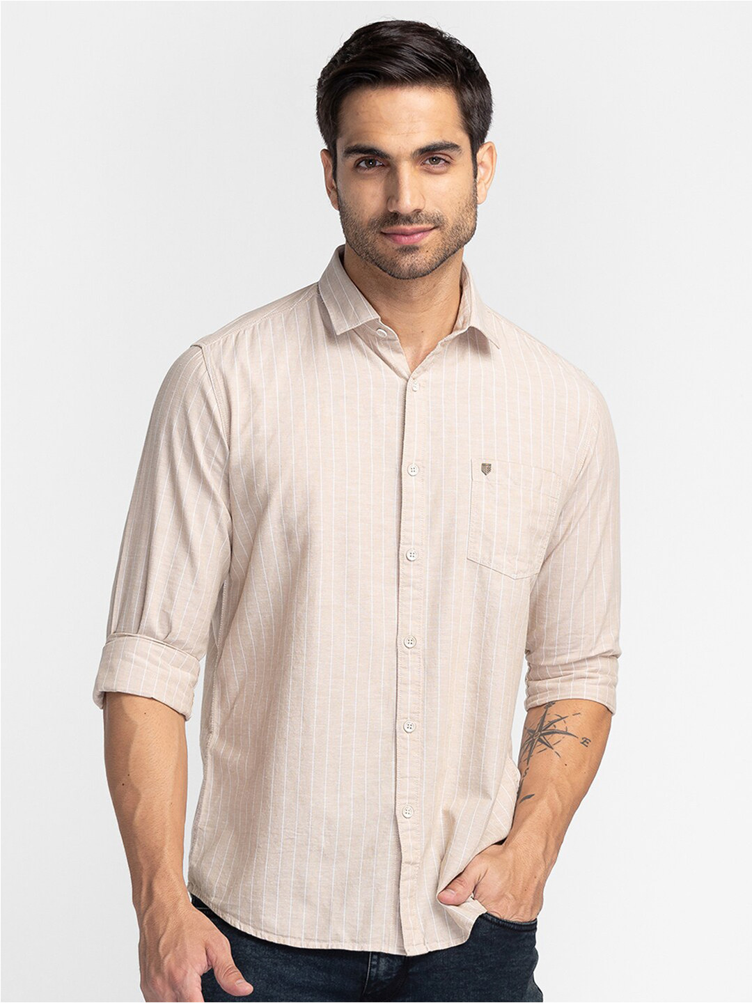 

Oxemberg Men Classic Slim Fit Striped Casual Shirt, Beige