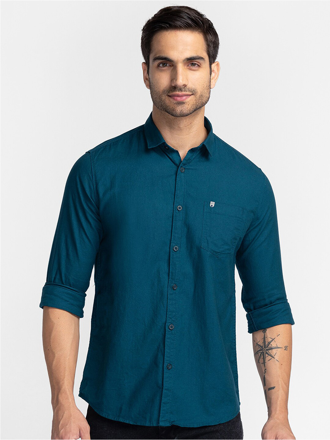 

Oxemberg Men Teal Cotton Classic Slim Fit Casual Shirt