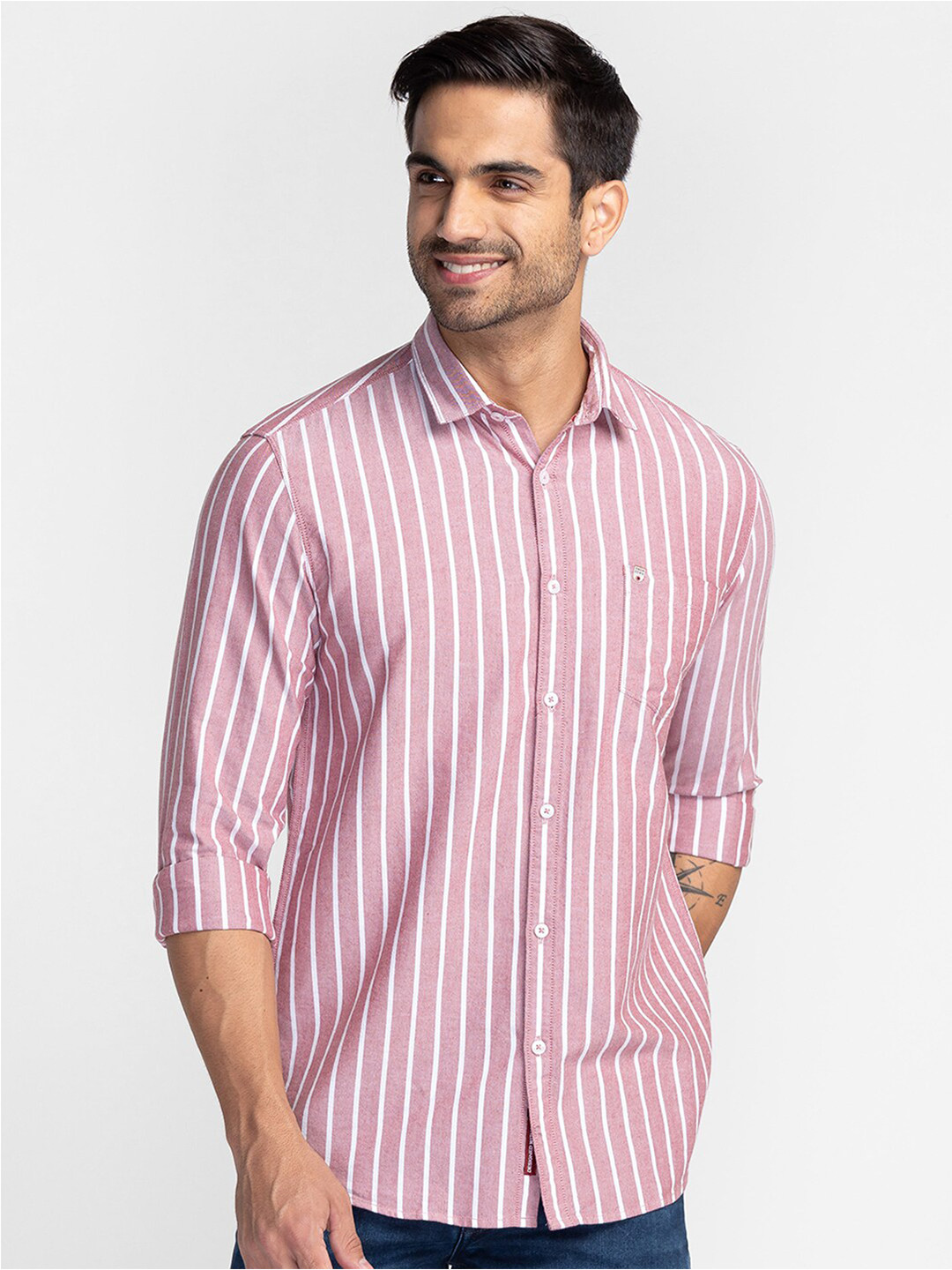 

Oxemberg Men Purple Classic Slim Fit Striped Cotton Casual Shirt