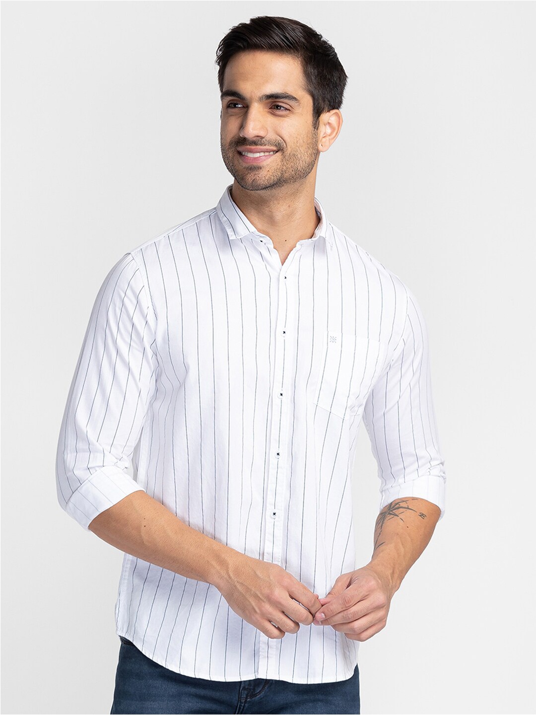 

Oxemberg Men Classic Slim Fit Striped Cotton Casual Shirt, White