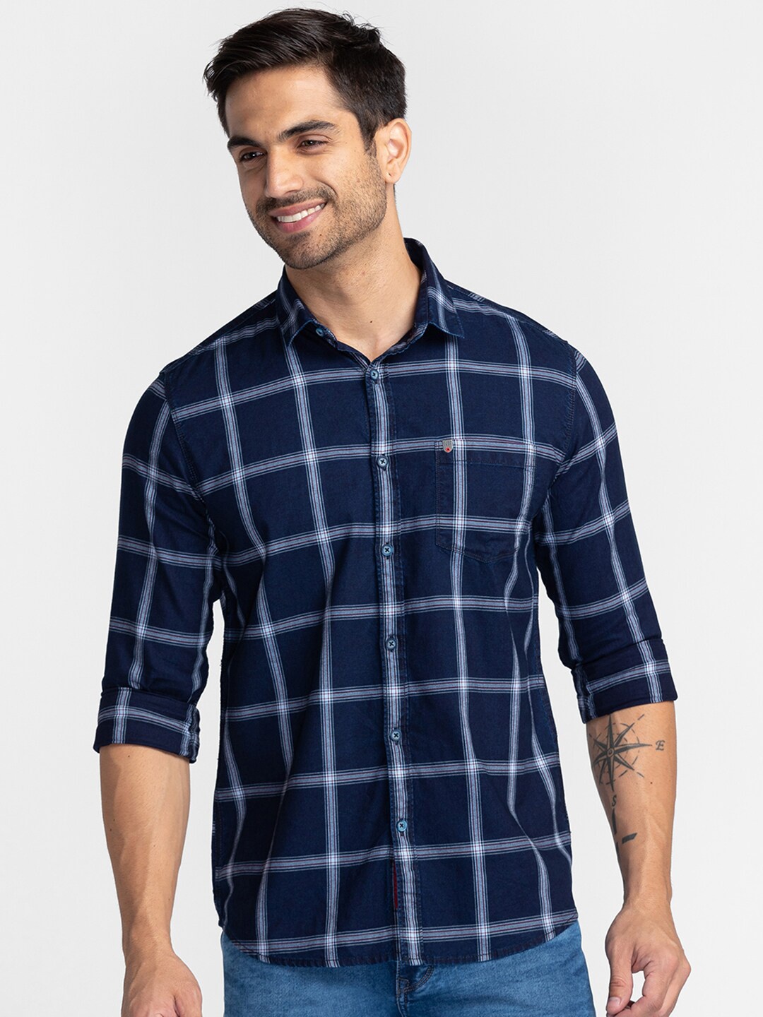 

Oxemberg Men Windowpane Checked Slim Fit Cotton Casual Shirt, Navy blue