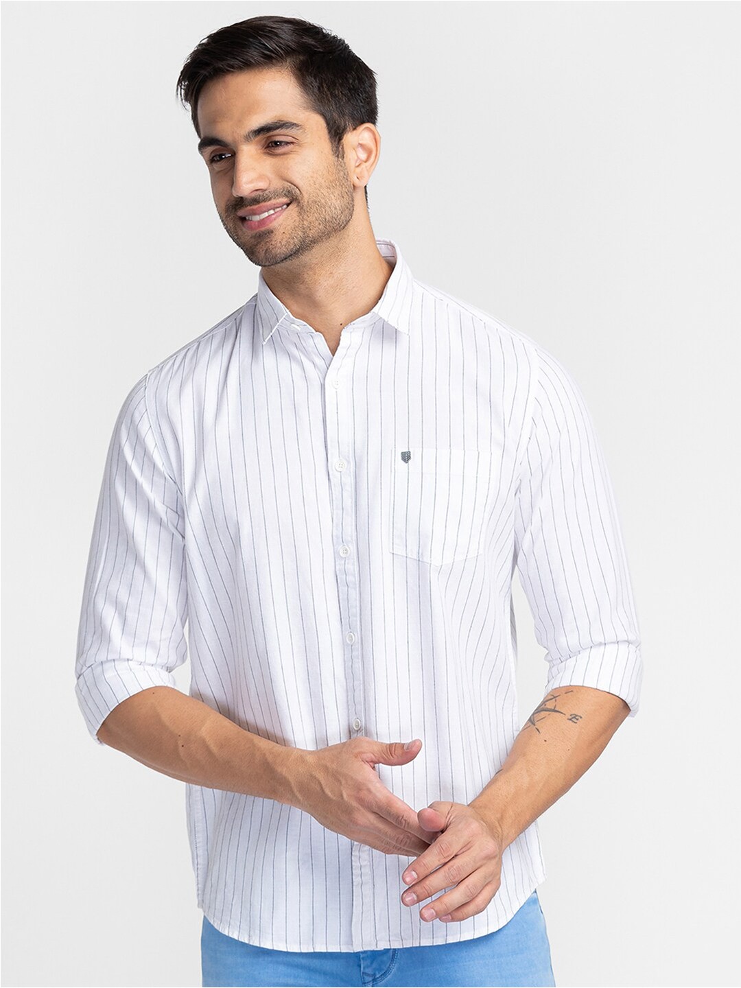 

Oxemberg Men Classic Slim Fit Striped Cotton Casual Shirt, White