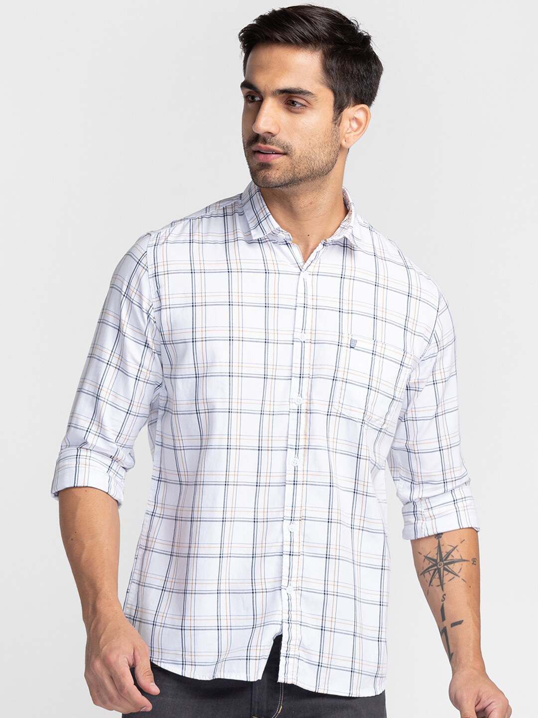 

Oxemberg Men Classic Slim Fit Checked Cotton Casual Shirt, White