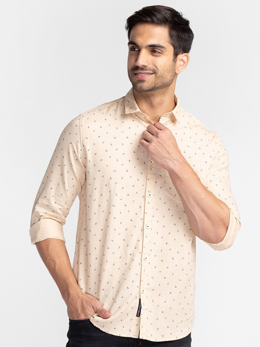 

Oxemberg Men Classic Slim Fit Printed Casual Shirt, Tan