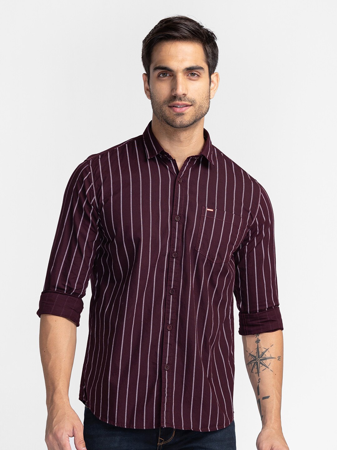 

Oxemberg Men Classic Slim Fit Striped Cotton Casual Shirt, Maroon