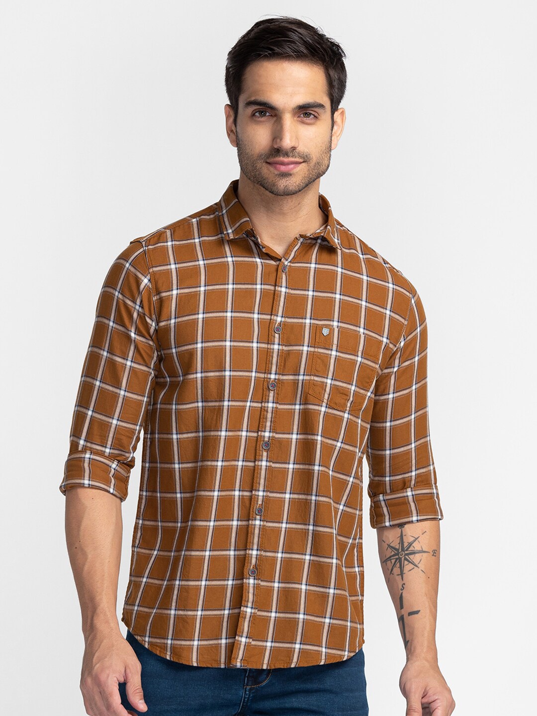 

Oxemberg Men Mustard Classic Slim Fit Windowpane Checks Cotton Casual Shirt