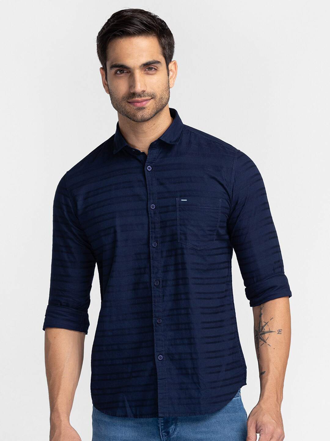 

Oxemberg Men Classic Slim Fit Horizontal Stripes Cotton Casual Shirt, Navy blue