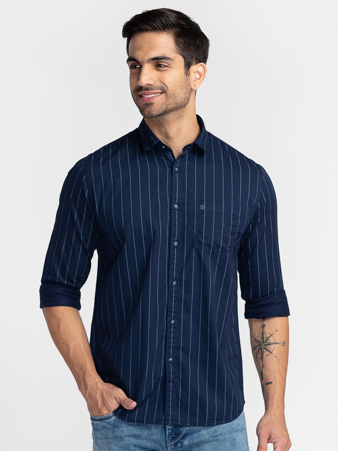 

Oxemberg Men Classic Slim Fit Striped Cotton Casual Shirt, Navy blue