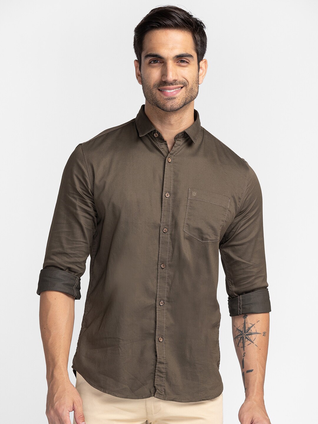 

Oxemberg Men Olive Green Slim Fit Cotton Casual Shirt