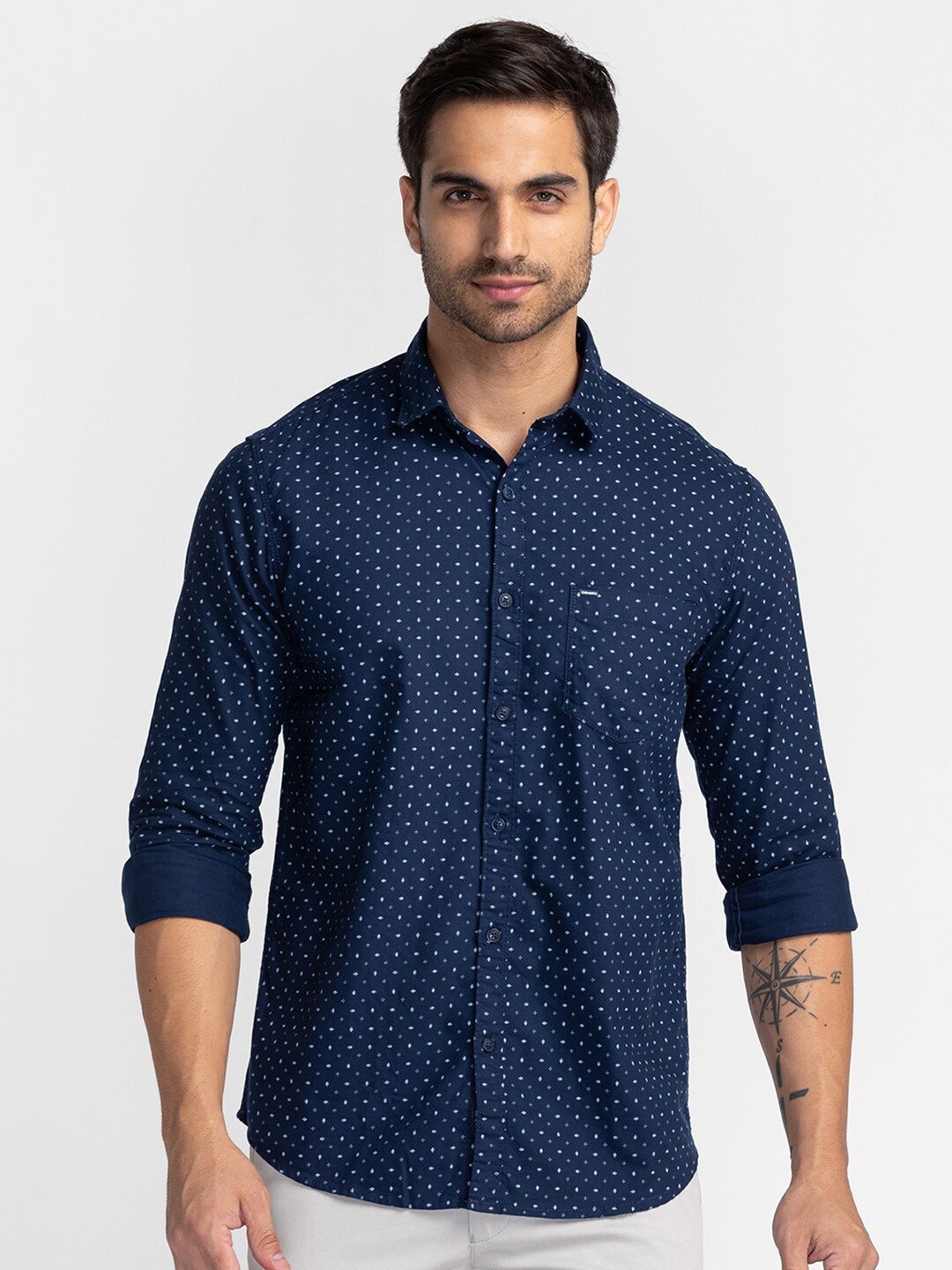 

Oxemberg Men Classic Slim Fit Printed Casual Shirt, Navy blue