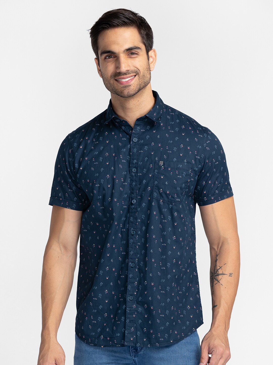 

Oxemberg Men Classic Slim Fit Printed Casual Shirt, Navy blue