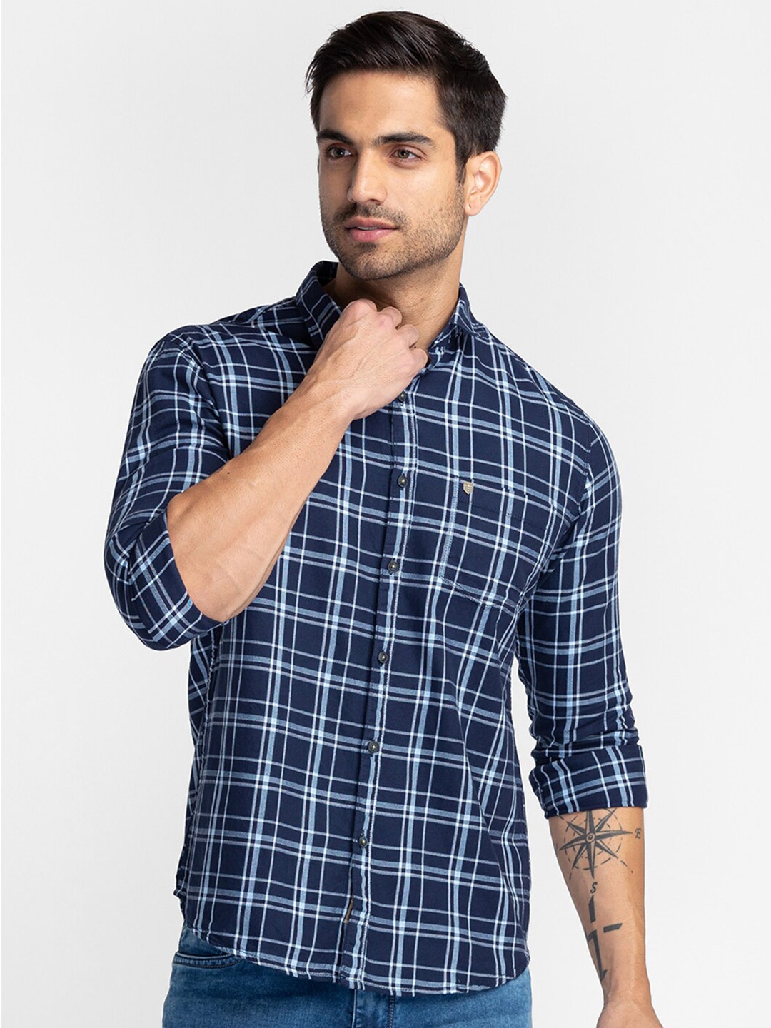

Oxemberg Men Classic Slim Fit Tartan Checks Cotton Casual Shirt, Navy blue