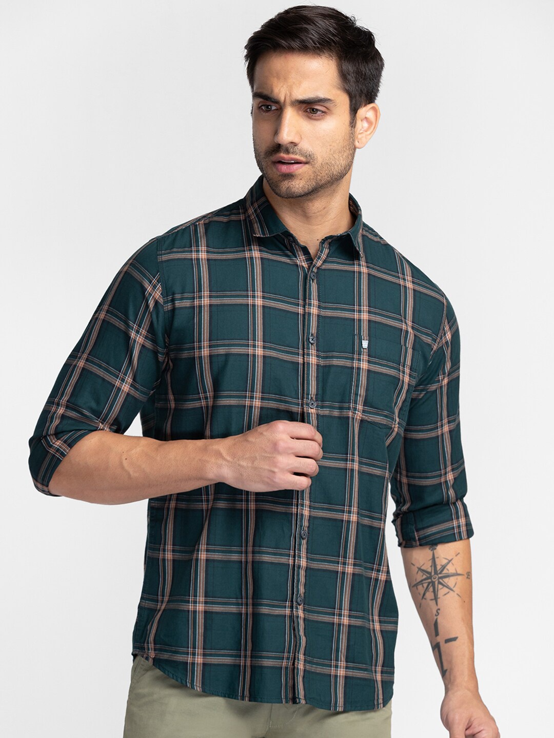 

Oxemberg Men Classic Slim Fit Checked Cotton Casual Shirt, Green