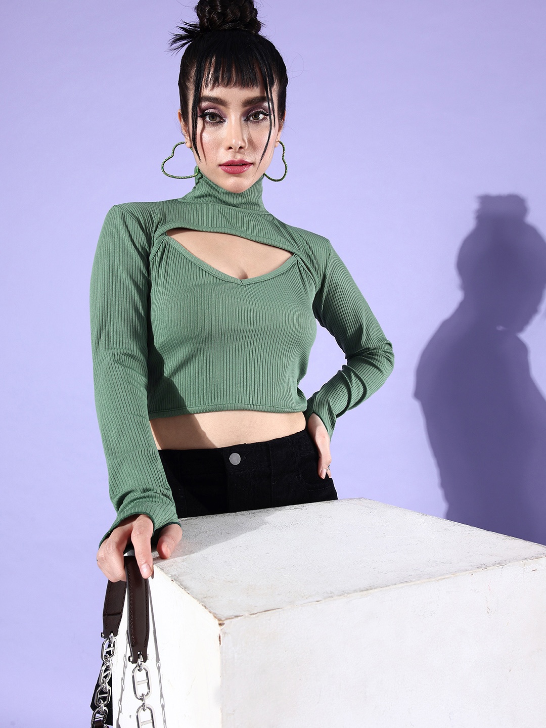 

ANVI Be Yourself Women Sage Green Ribbed Fitted Crop Camisole with Hand Warmer