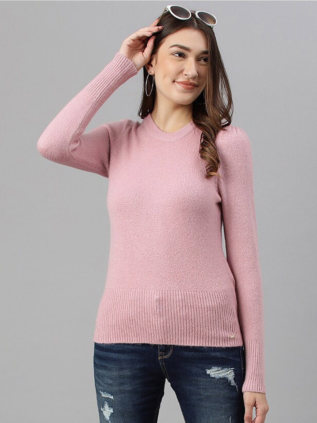 

Woods Women Pink Solid Round Neck Pullover