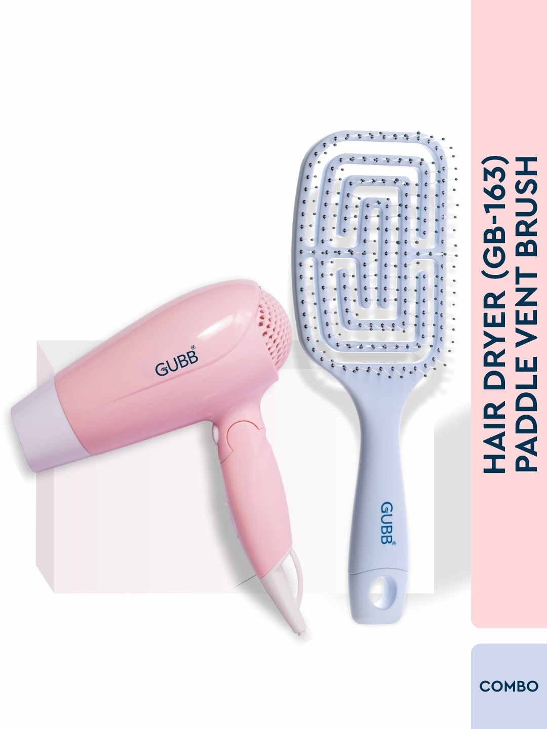 

GUBB Set of GB-163 Hair Dryer - Pink & Paddle Vent Hair Brush - Blue