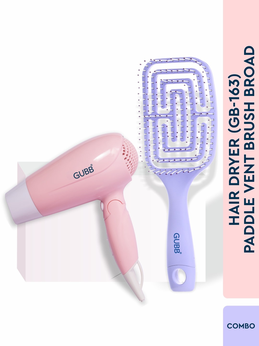 

GUBB Set of GB-163 Hair Dryer - Pink & Paddle Vent Broad Hair Brush - Lavender