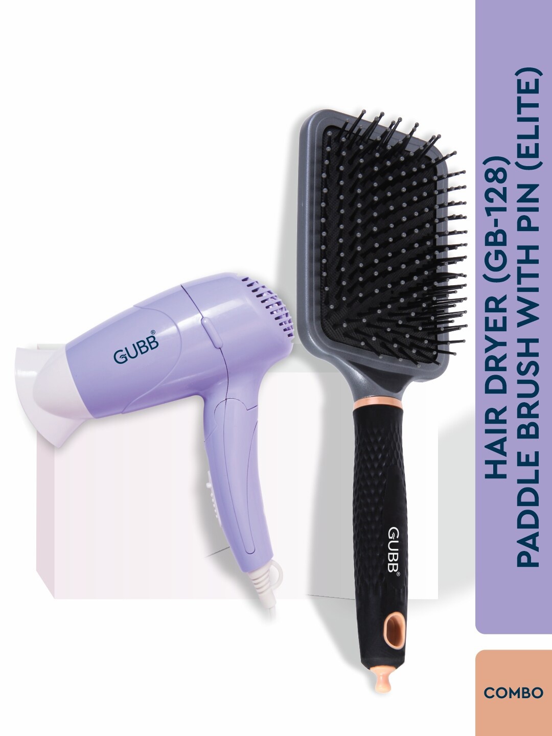 

GUBB Set of GB-128 Hair Dryer - Purple & Paddle Brush with Pin - Black
