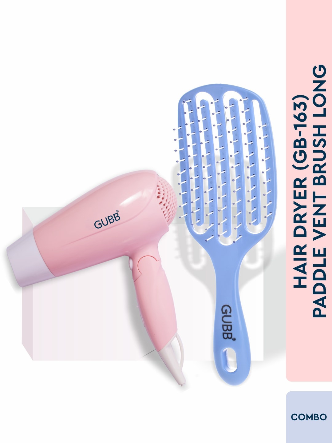 

GUBB Set of GB-163 Hair Dryer - Pink & Paddle Vent Long Hair Brush - Blue