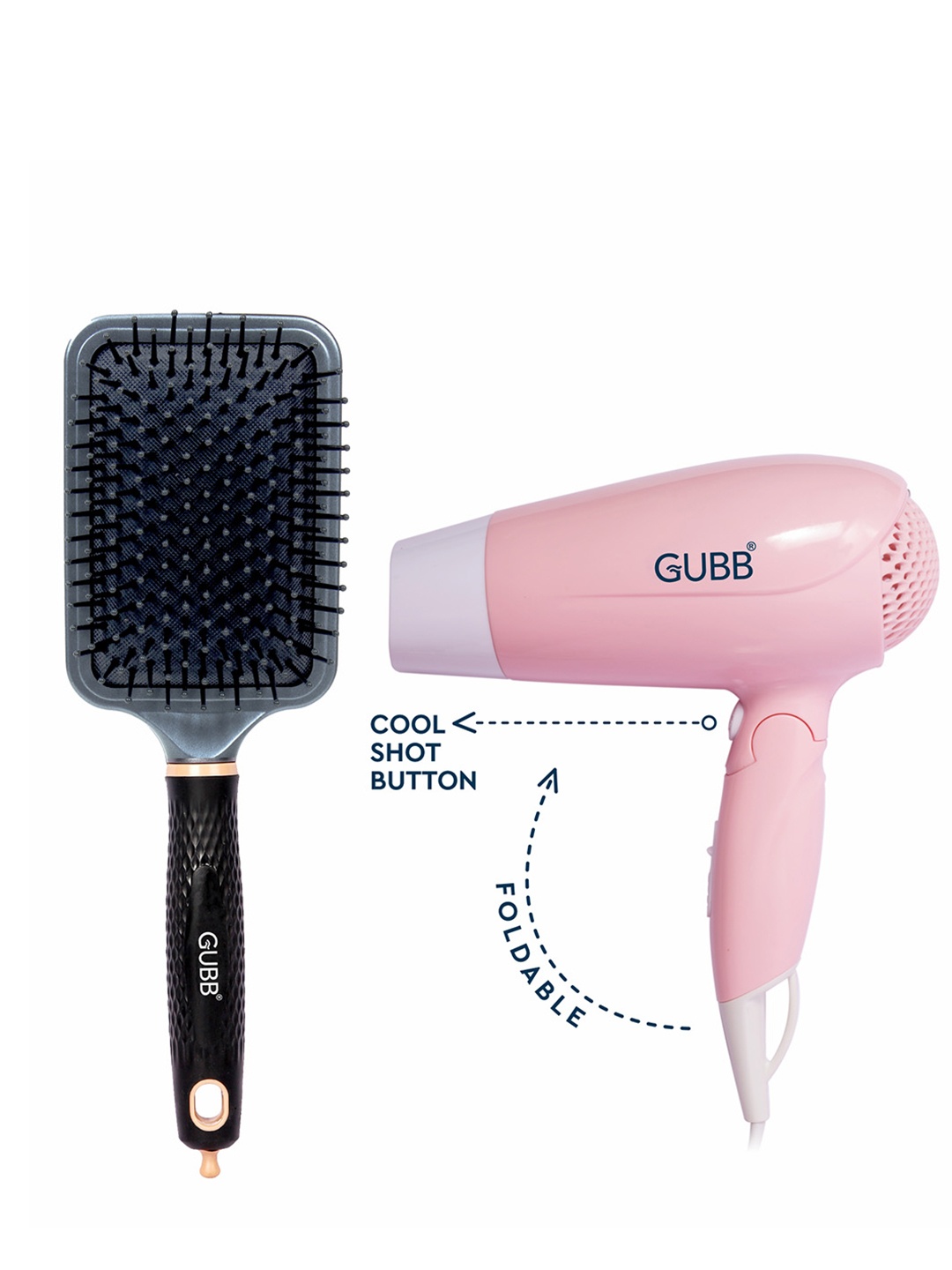 

GUBB Set of GB-163 Hair Dryer - Pink & Paddle Hair Brush with Pin - Black