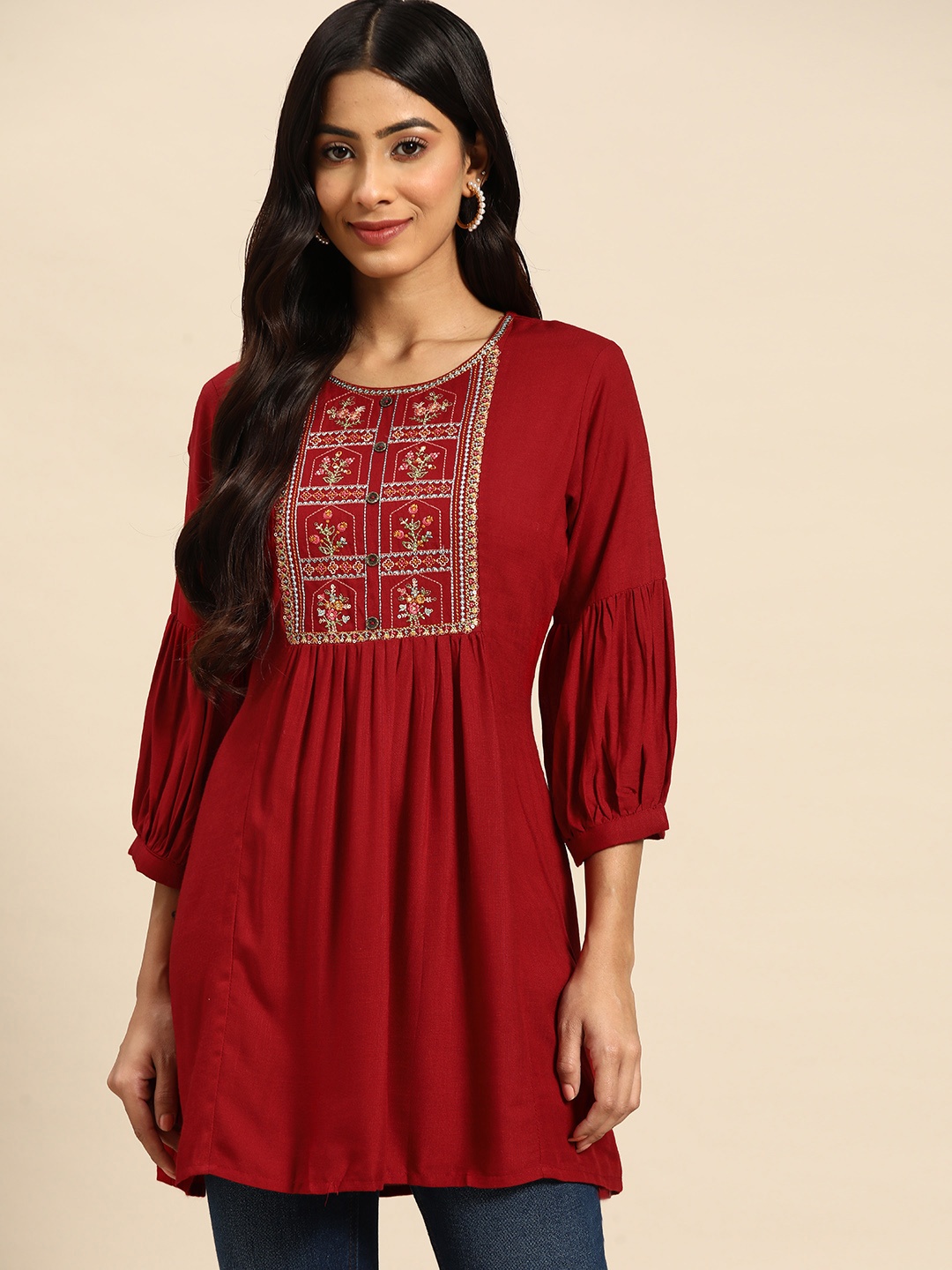 

all about you Red Floral Embroidered Longline Top