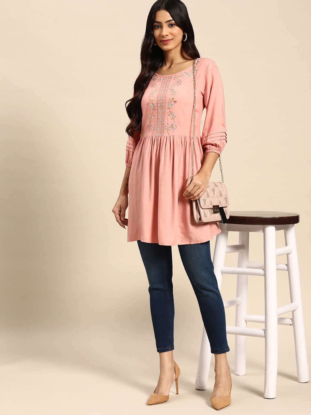 

all about you Peach-Coloured Floral Embroidered Longline Top