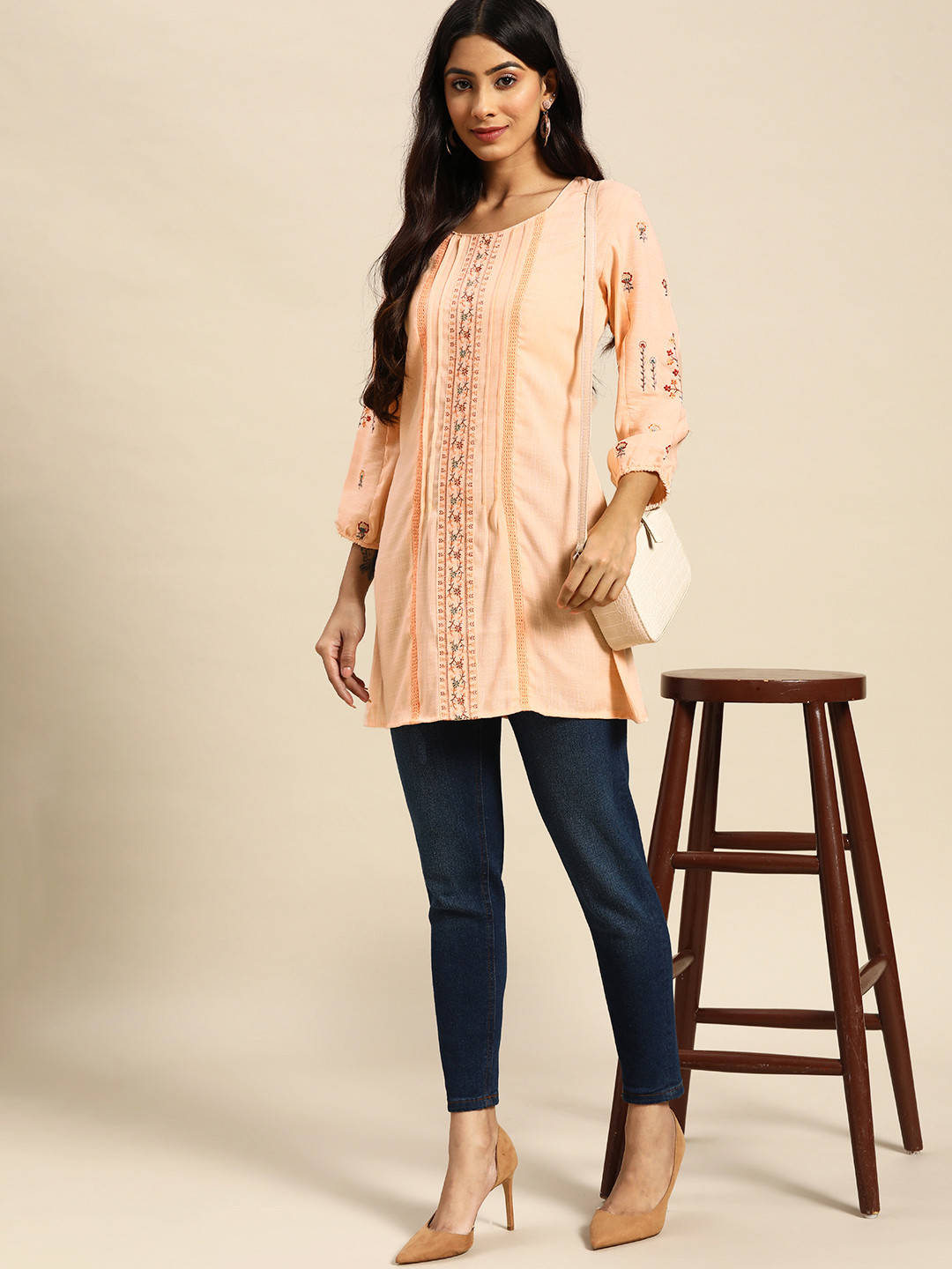 

all about you Orange Floral Embroidered Longline Top