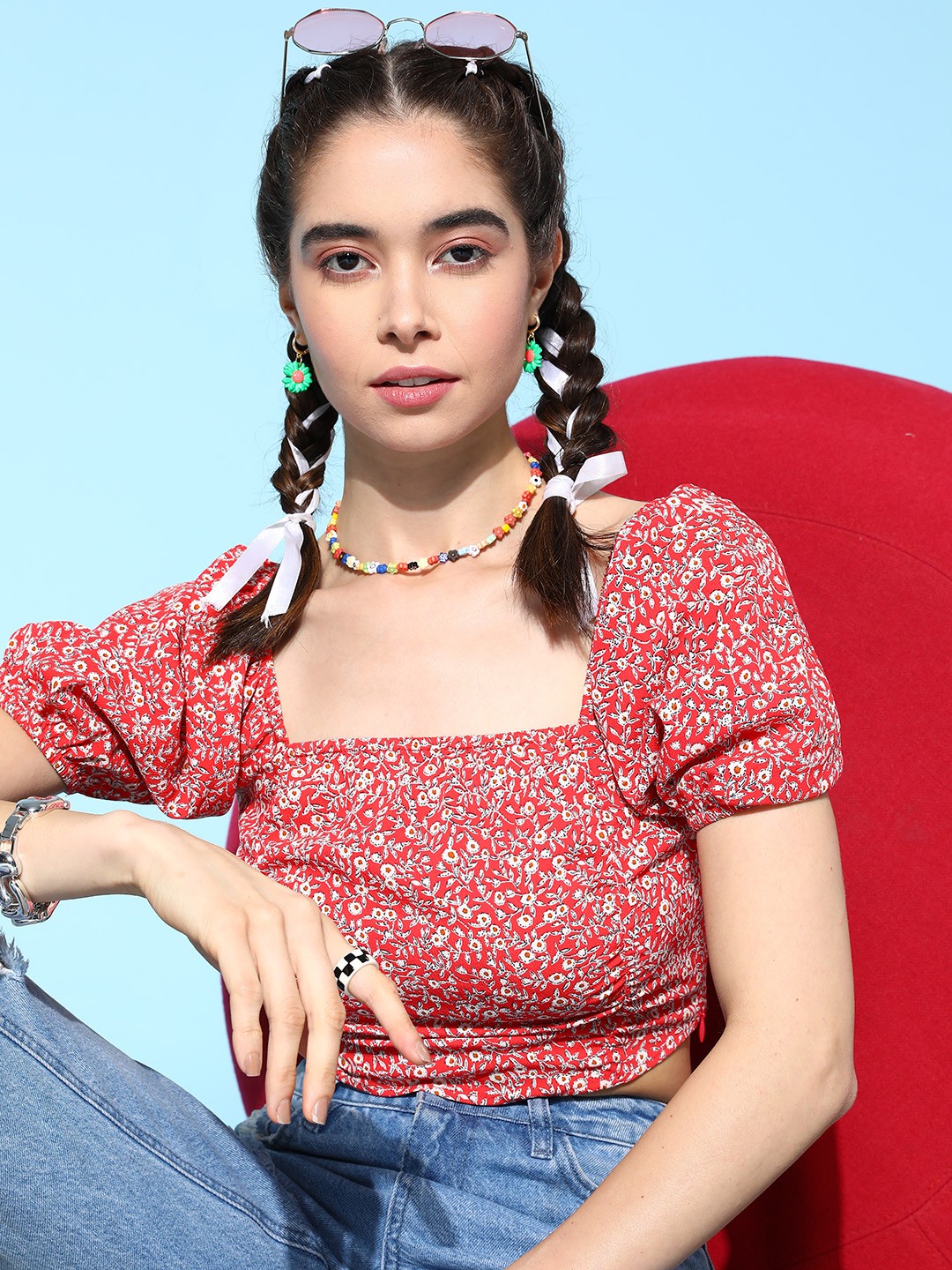 

Berrylush Floral Print Puff Sleeve Crepe Crop Top, Red