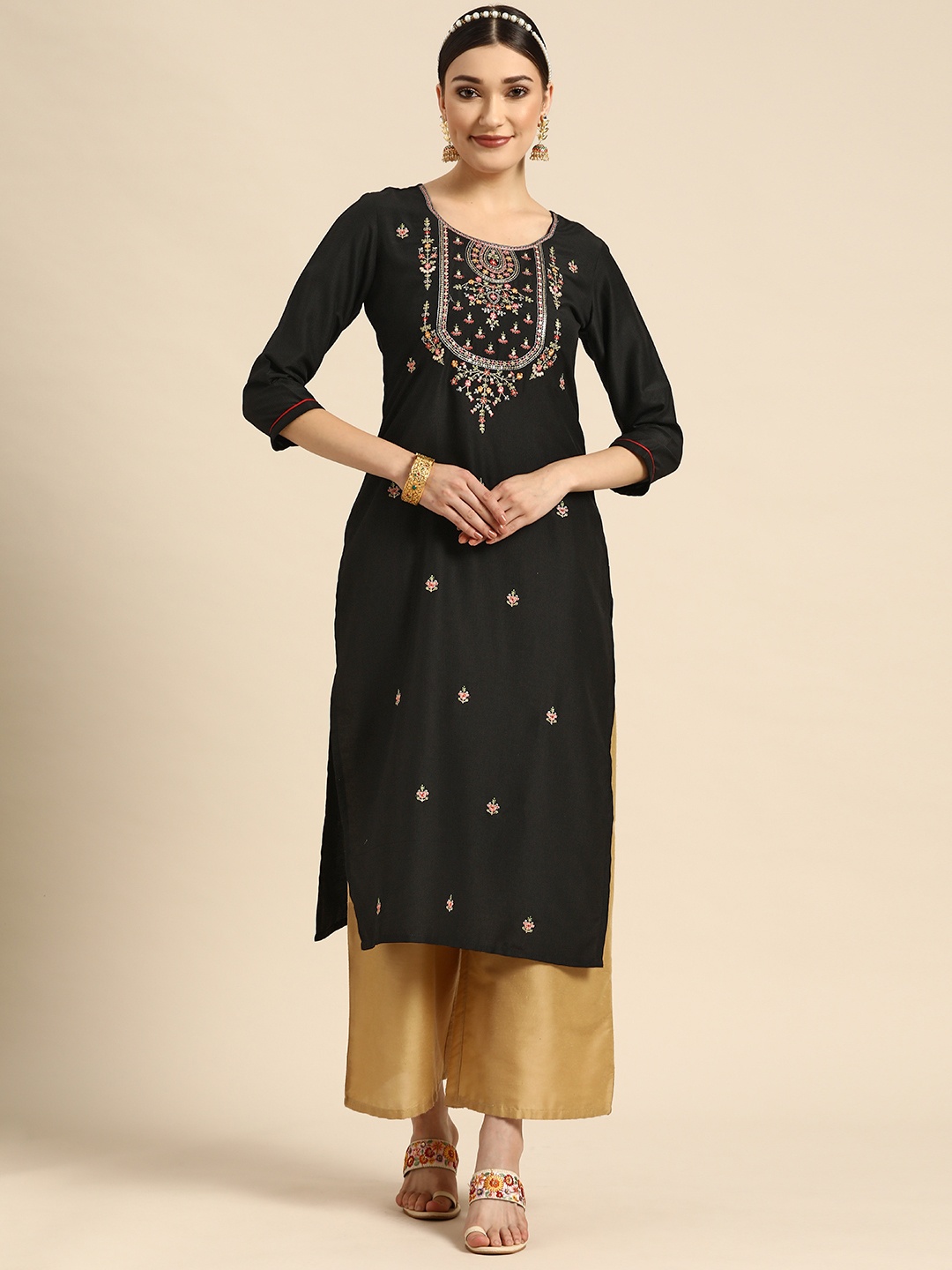 

Sangria Women Black Ethnic Motifs Embroidered Floral Kurta