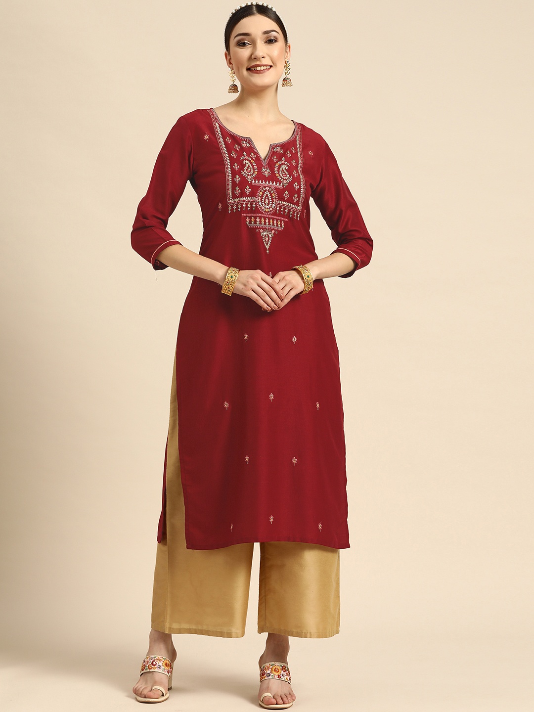 

Sangria Women Red Ethnic Motifs Embroidered Floral Kurta