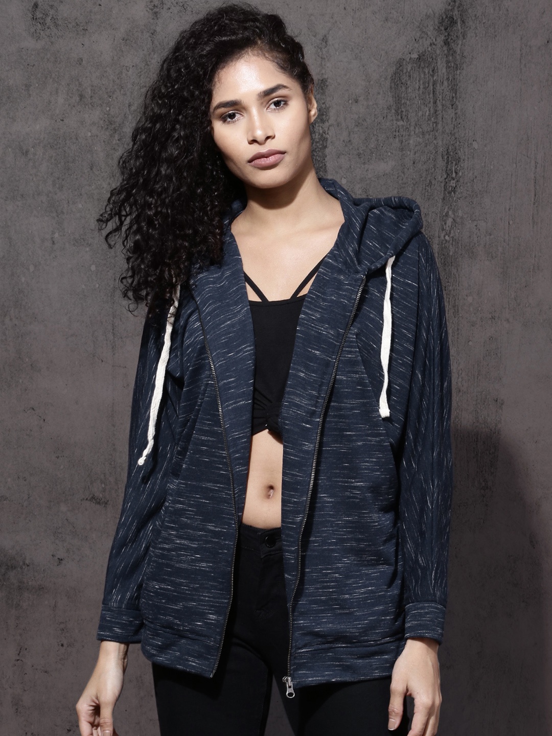 

Roadster Women Navy Blue Self Design Hooded Sweatshirt