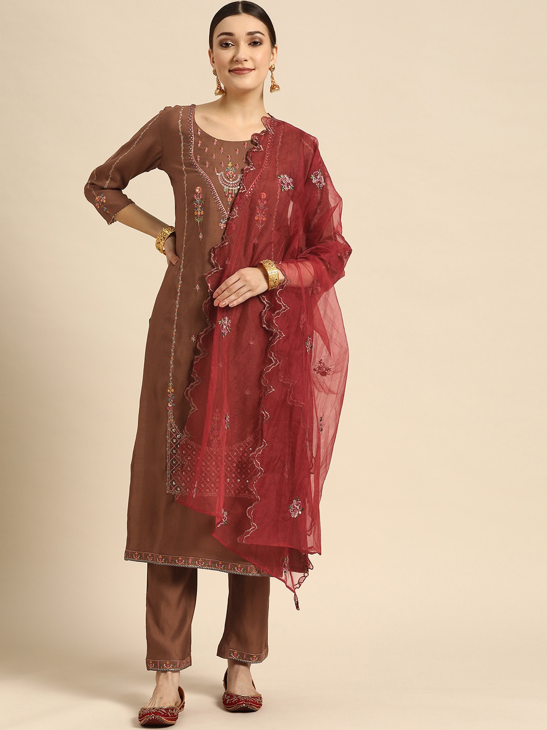 

Sangria Women Brown & Red Ethnic Motifs Embroidered Kurta with Trousers & Dupatta