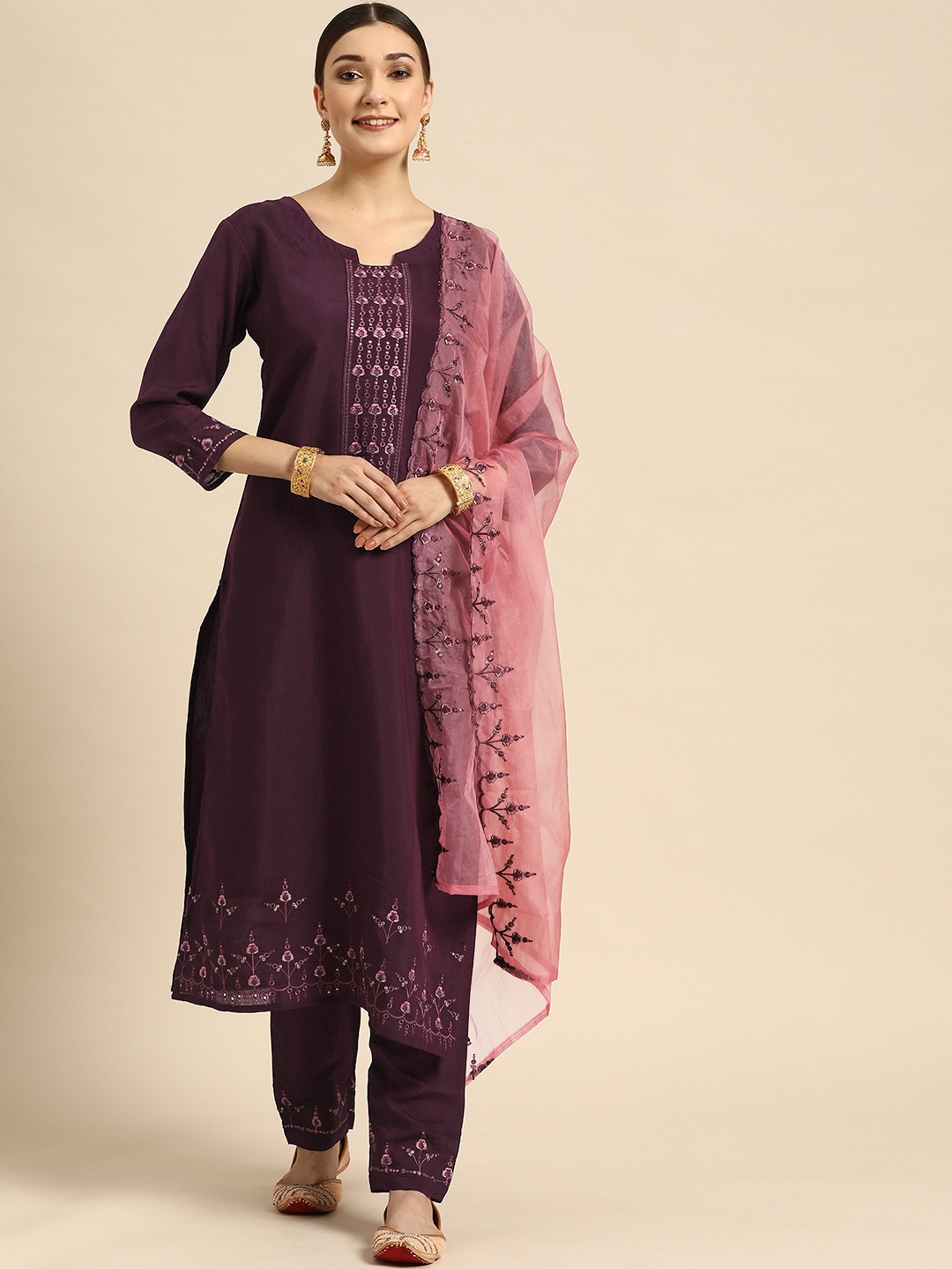 

Sangria Women Purple & Pink Ethnic Motifs Embroidered Pure Cotton Kurta Set