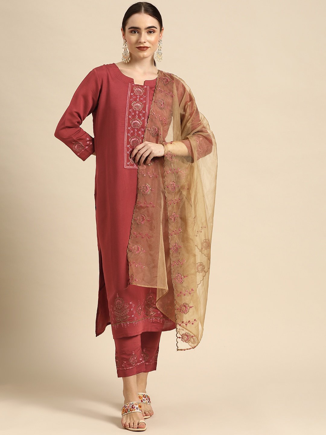 

Sangria Women Maroon Ethnic Motifs Embroidered Pure Cotton Kurta with Trousers & With Dupatta