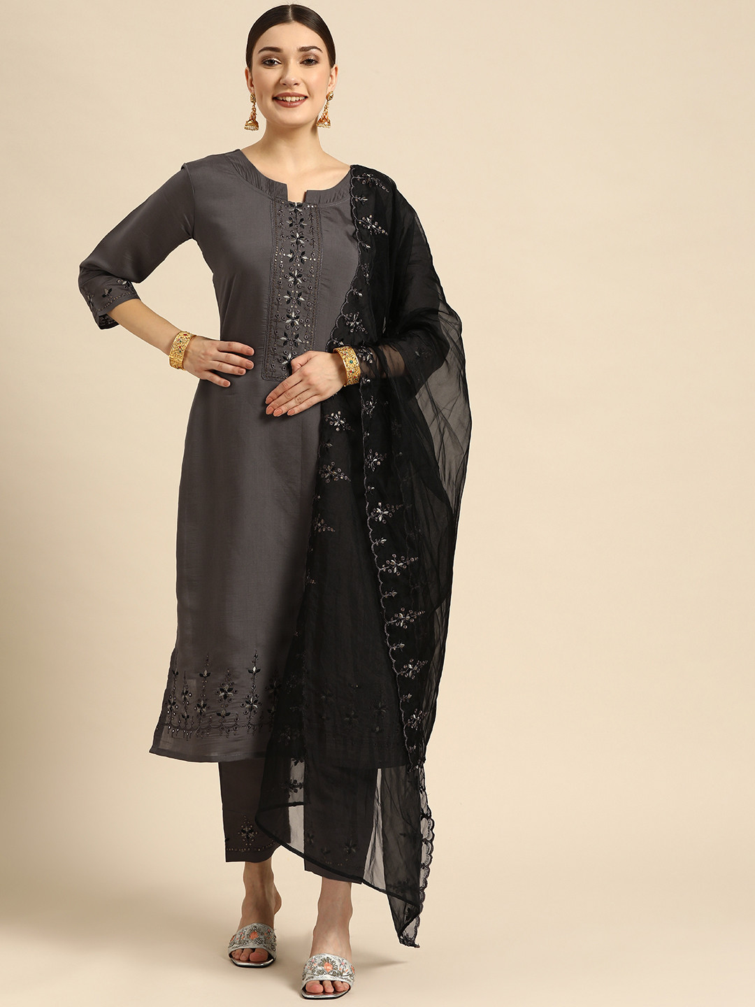 

Sangria Women Grey Ethnic Motifs Embroidered Pure Cotton Kurta with Trousers & With Dupatta