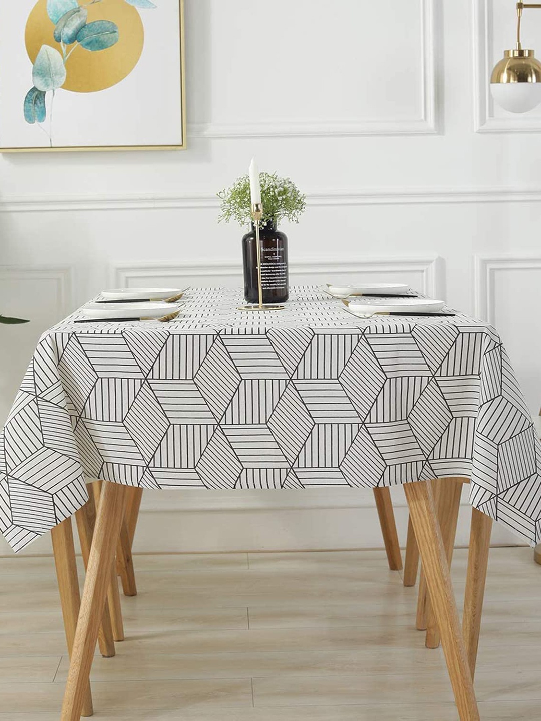 

HOUSE OF QUIRK White & Charcoal Printed Cotton Rectangular Table Cover
