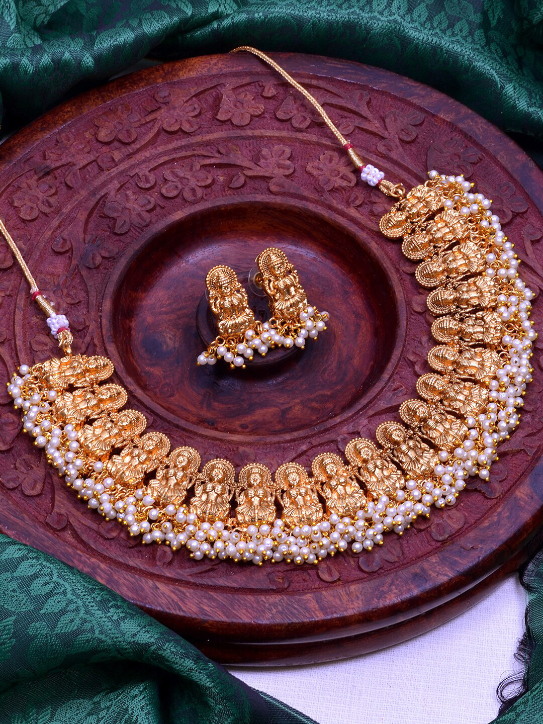 

StileAdda Gold-Plated White Artificial Beaded Temple Jewellery Set