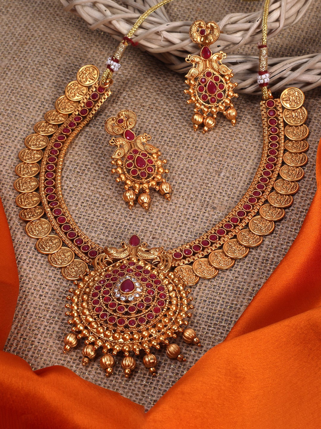 

StileAdda Gold-Plated & Red Artificial Stones & Beads Studded Jewellery Set