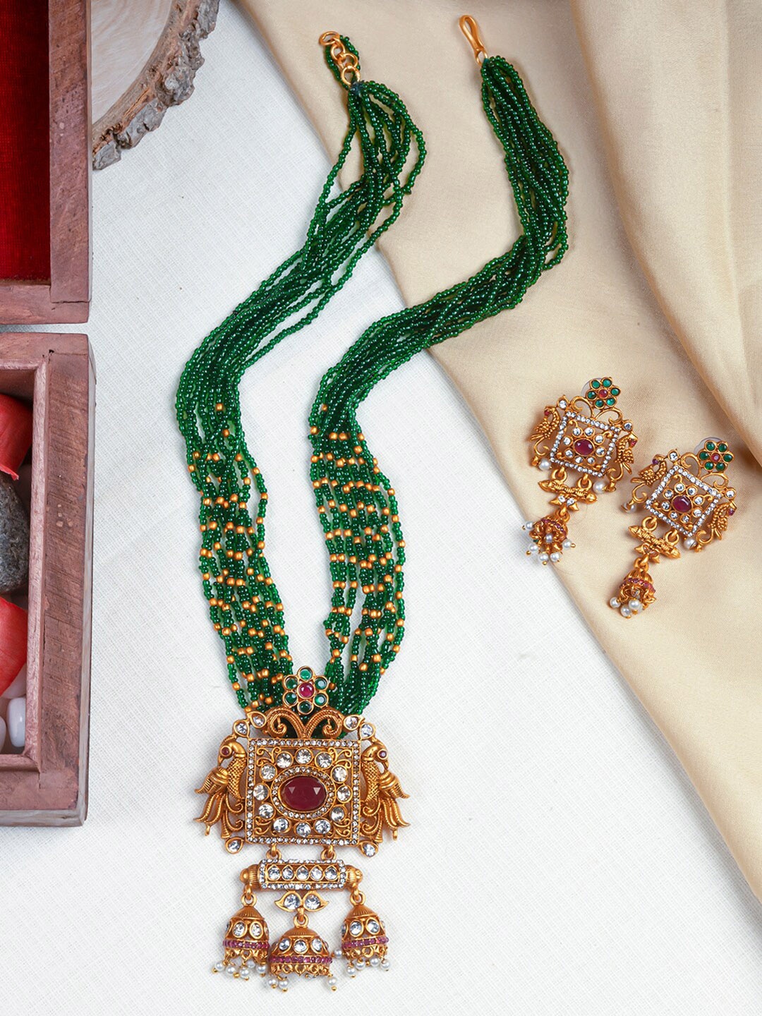 

StileAdda Gold-Plated Green American Diamond Studded Jewellery Set