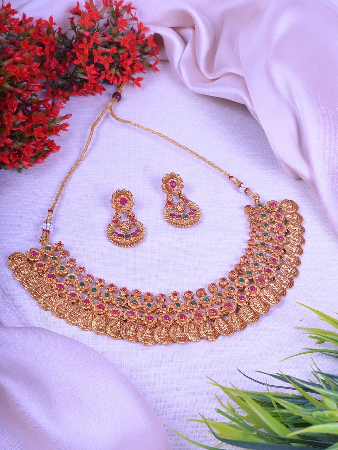 

StileAdda Gold-Plated Red & Green Artificial Stone Studded Jewellery Set