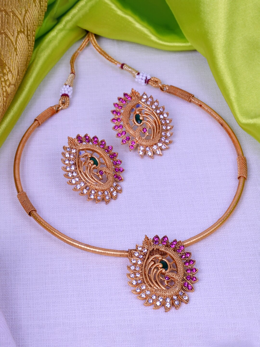 

StileAdda Gold-Plated Pink & White Artificial Stone Studded Jewellery Set