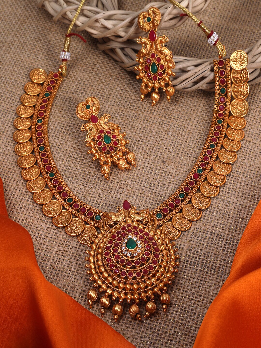 

StileAdda Gold-Plated & Red Artificial Stones & Beads Studded Jewellery Set