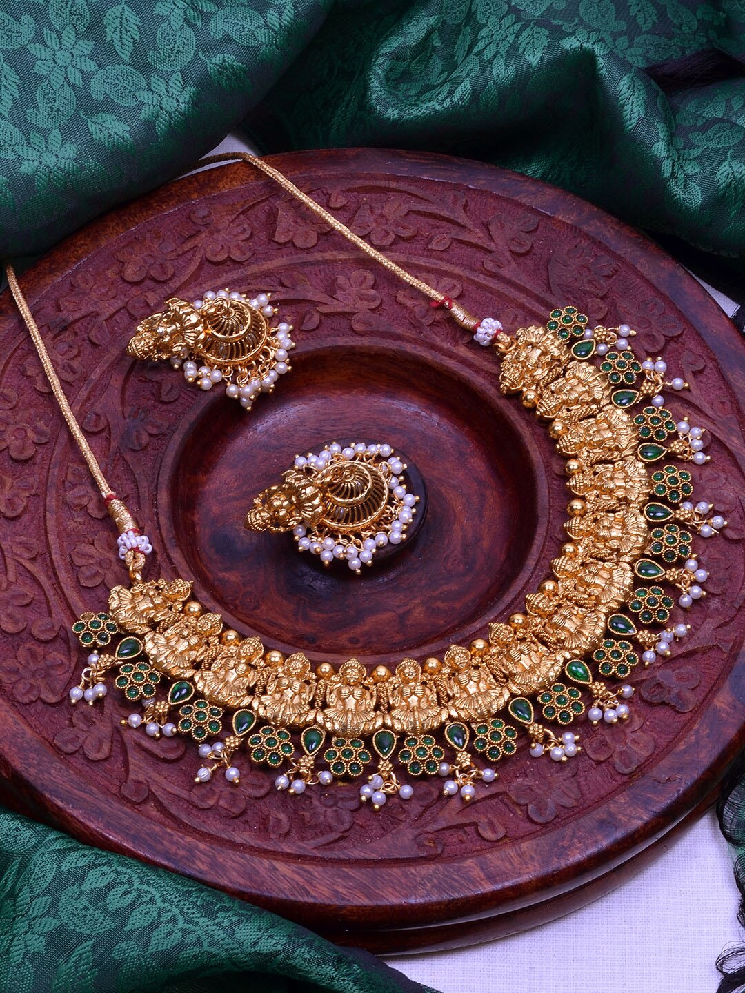 

StileAdda Gold-Plated Green Artificial Stones Studded Jewellery Set