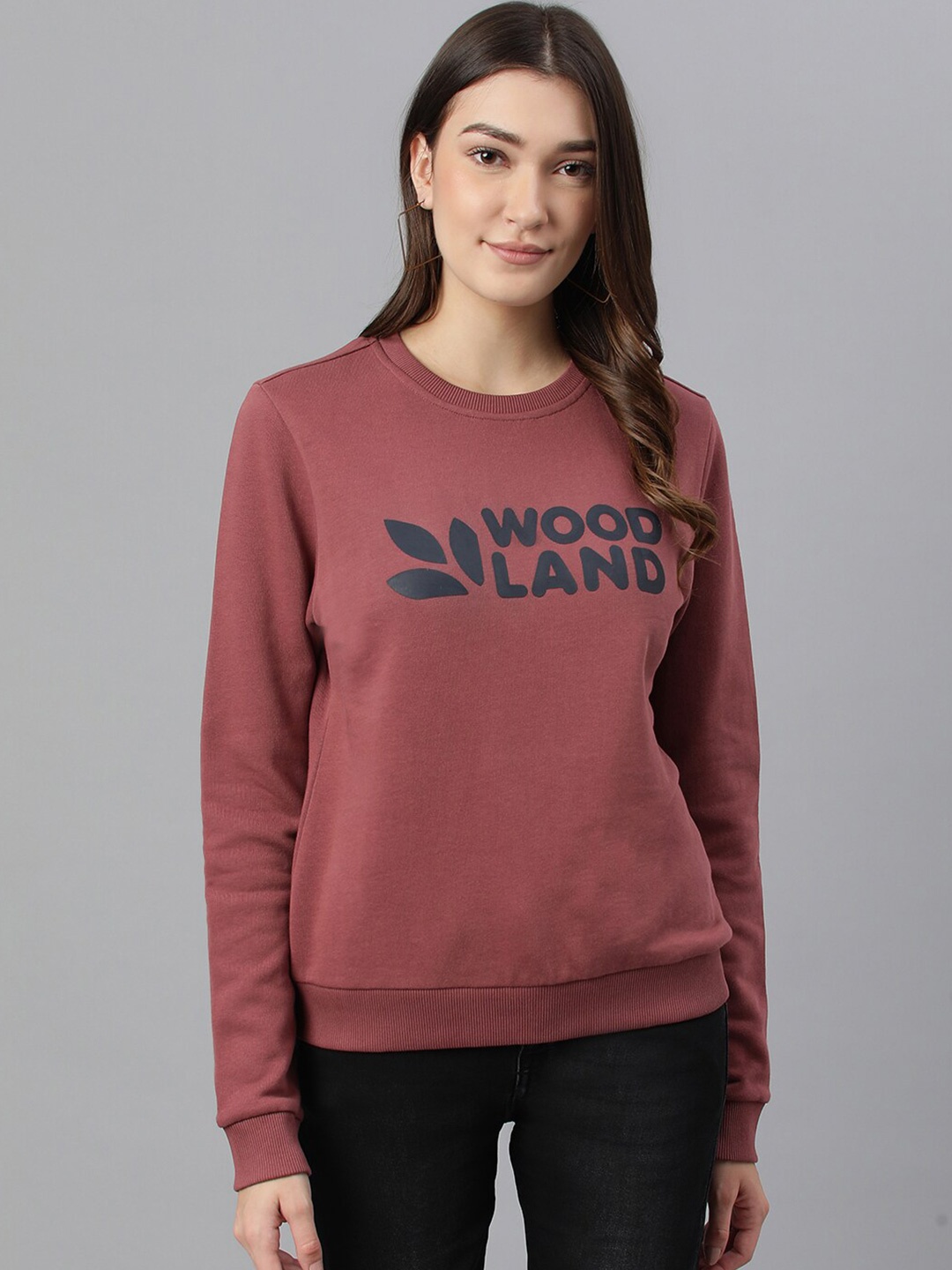 

Woodland Women Mauve Printed Round Neck Cotton Sweatshirt