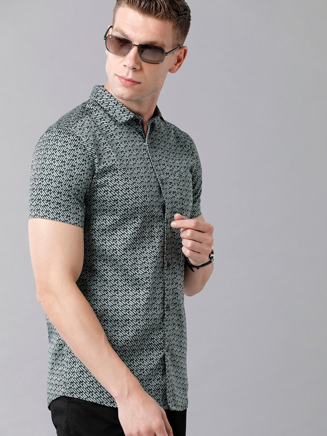

CP BRO Men Green Slim Fit Printed Casual Cotton Shirt