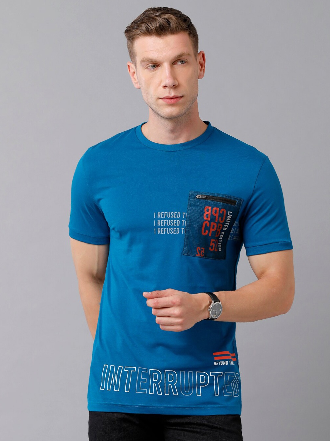 

CP BRO Men Blue Typography Printed Slim Fit Cotton T-shirt